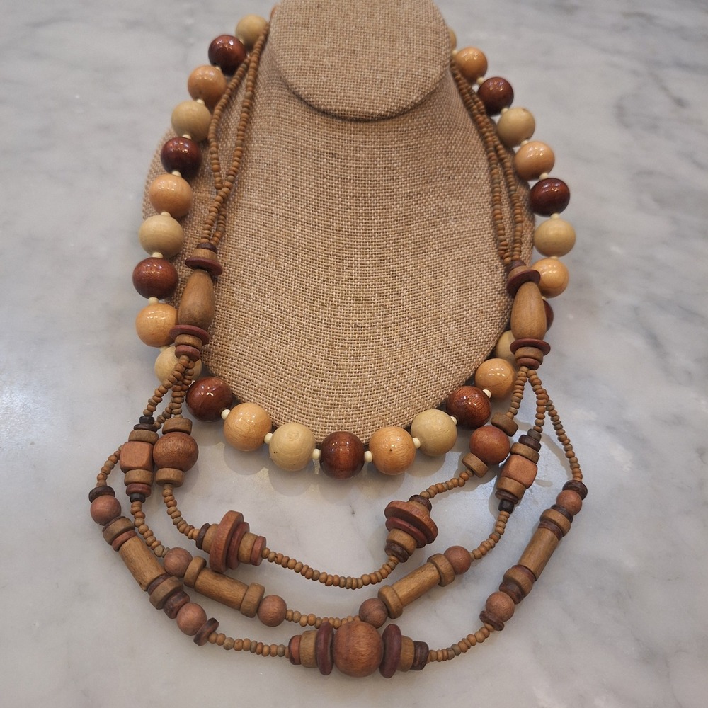 Necklace Set Includes Brown Boho MultiStrand Layering Necklace & Wood Bead Piece